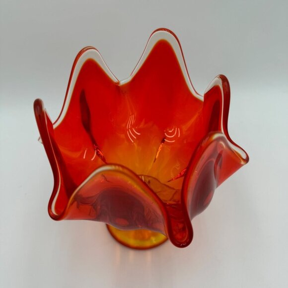 Vintage Viking Epic Swung Glass Handkerchief Vase Amberina 6 Petal Pedestal - Picture 3 of 10